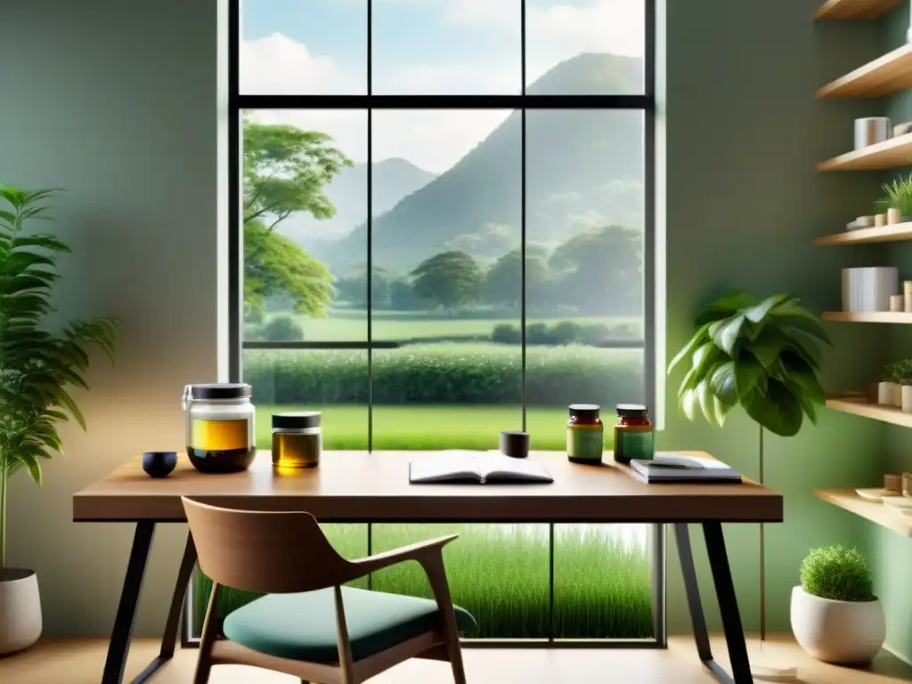Oficina moderna con vista verde y serena Oficina moderna con vista a jardín, suplementos nutricionales para estrés laboral