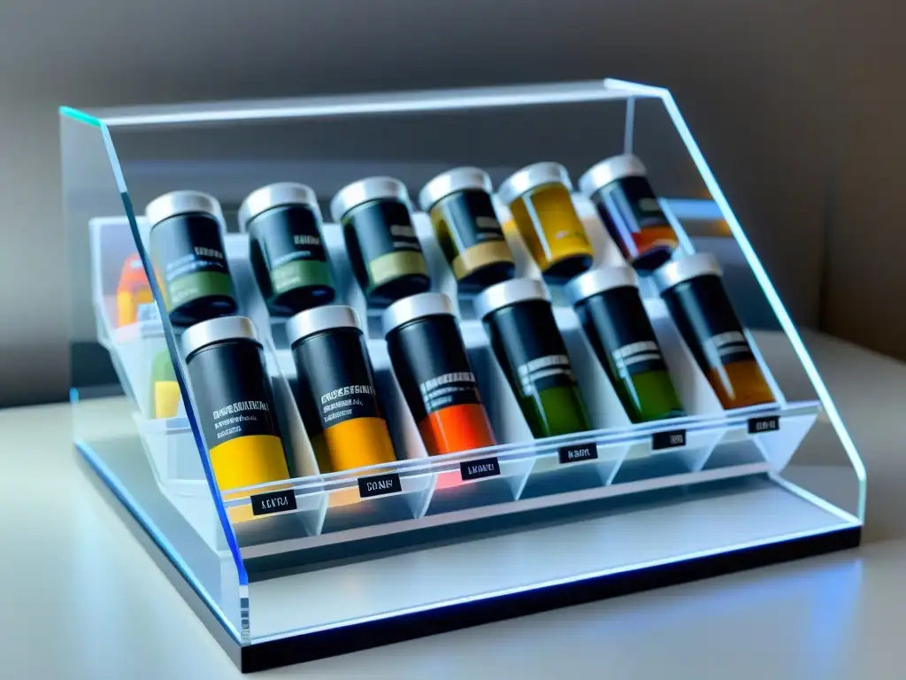 Organizador de suplementos de alta calidad en un escritorio minimalista Un organizador de suplementos nutricionales para mejorar enfoque, en un escritorio minimalista bañado por luz natural