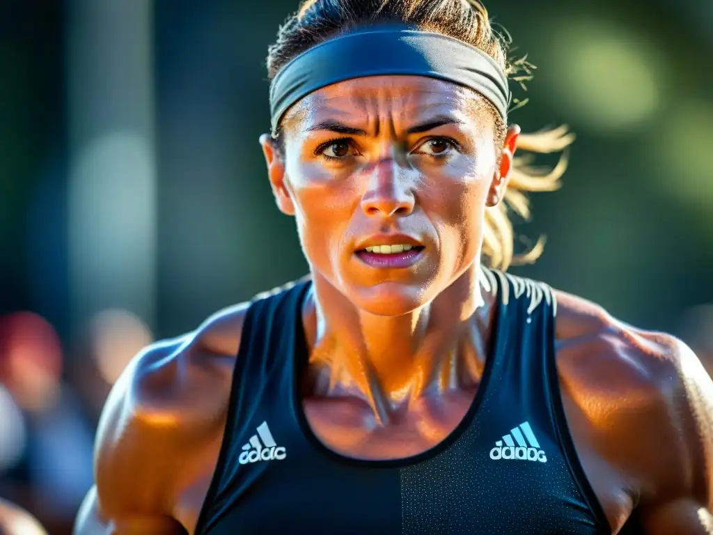 Paraatleta en pleno esfuerzo: determinación y resiliencia Un paraatleta sudoroso y determinado en pleno entrenamiento, destacando su fuerza y resiliencia