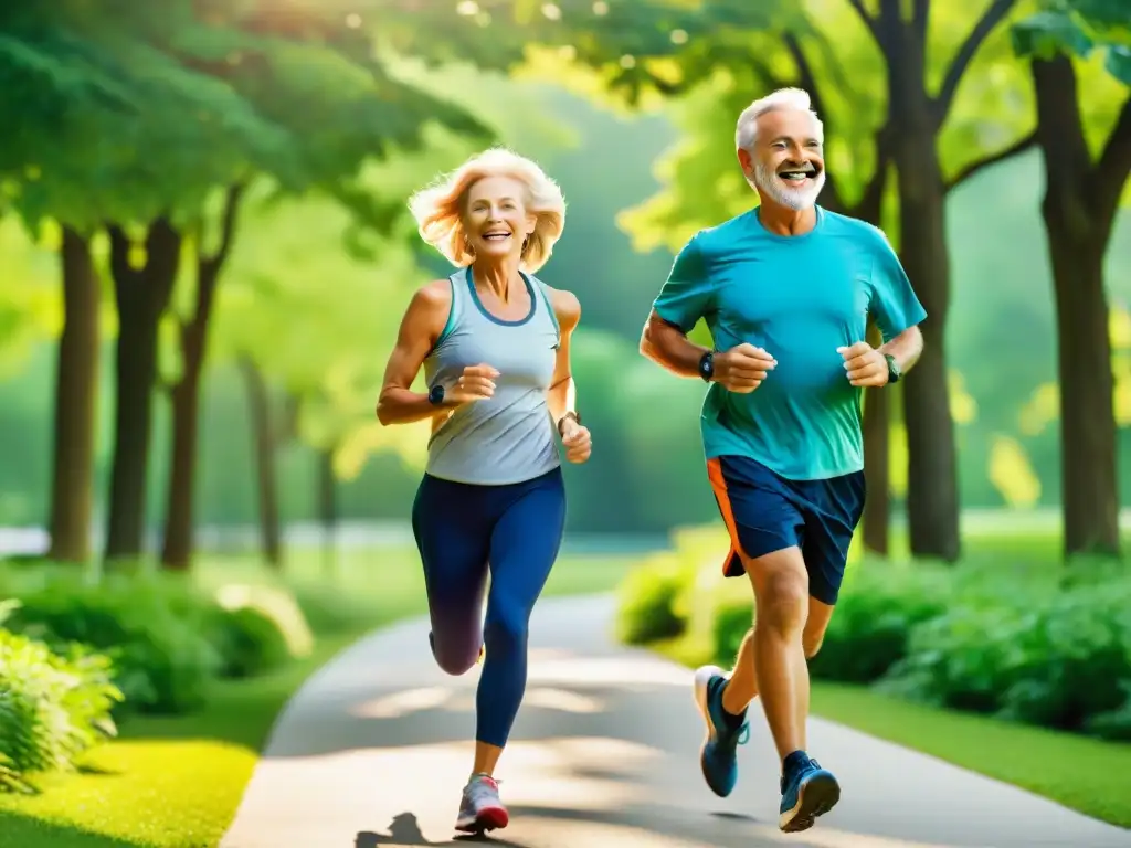 Pareja mayor activa disfrutando de un trote saludable en la naturaleza Una pareja mayor activa y vital corre en un parque escénico entre árboles y vegetación exuberante