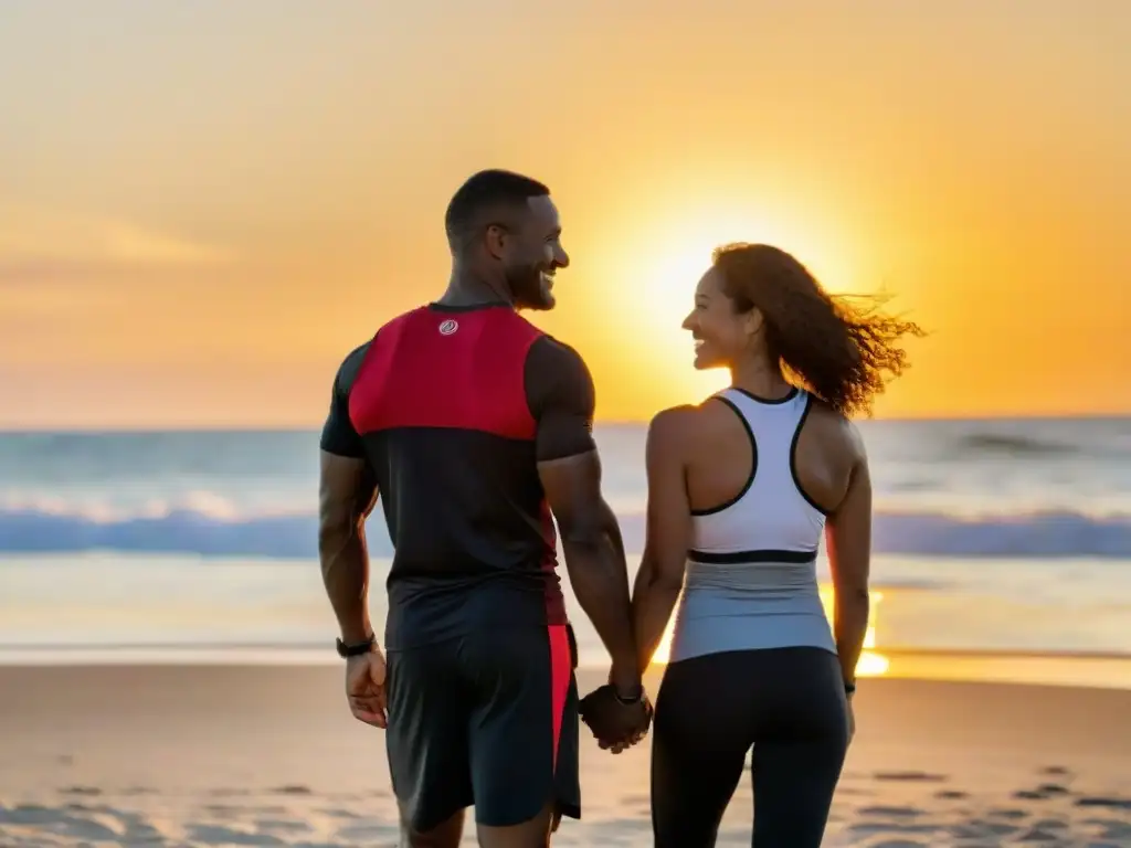 Vitalidad en pareja: disfrutando juntos del atardecer en la playa Una pareja en la playa al atardecer, unidos y felices, con suplementos nutricionales para rendimiento sexual