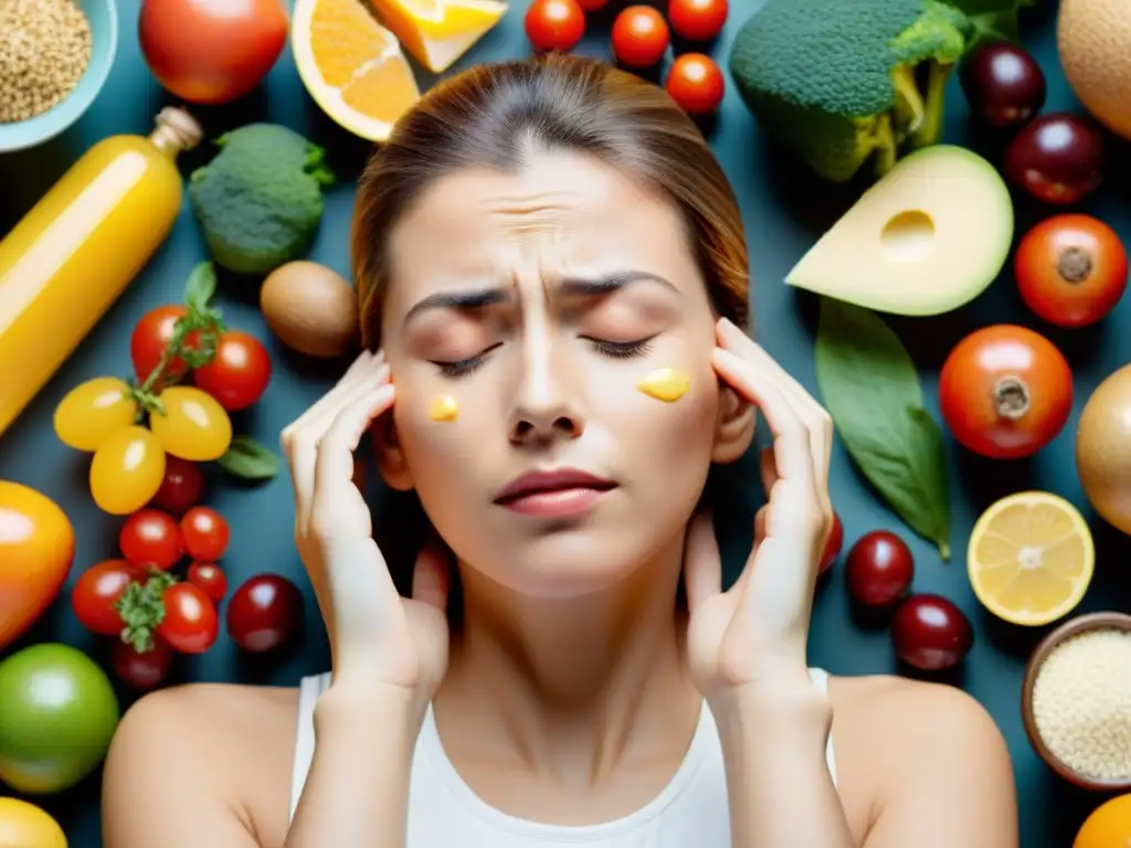 Alivio natural: Coenzima Q10 y nutrición para el dolor crónico Persona agobiada rodeada de alimentos frescos y una botella de Coenzima Q10, irradiando una cálida luz reconfortante