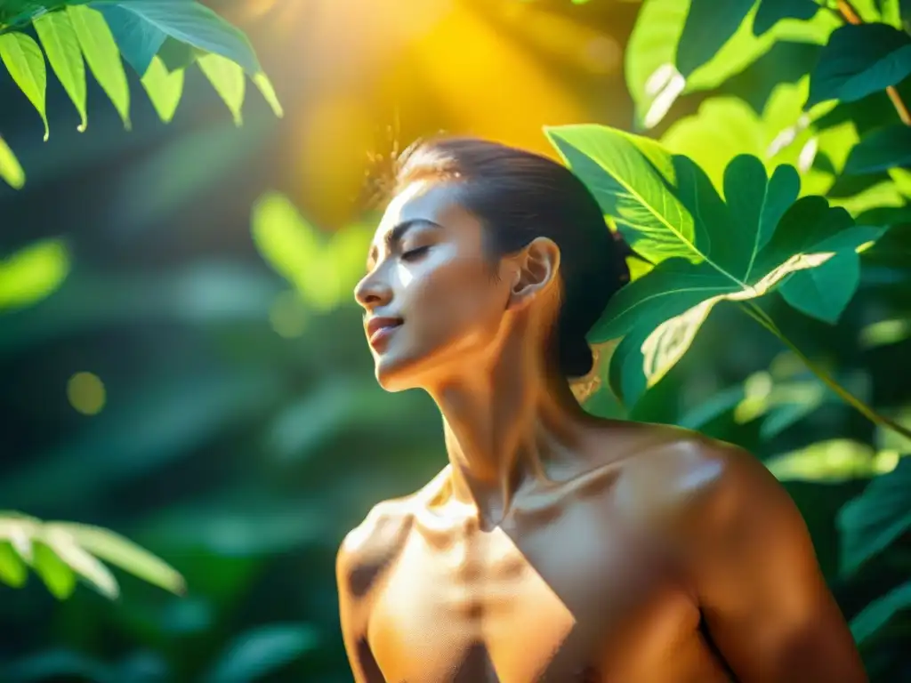 Una persona disfruta de los beneficios de la vitamina D bajo el cálido sol, rodeada de naturaleza exuberante