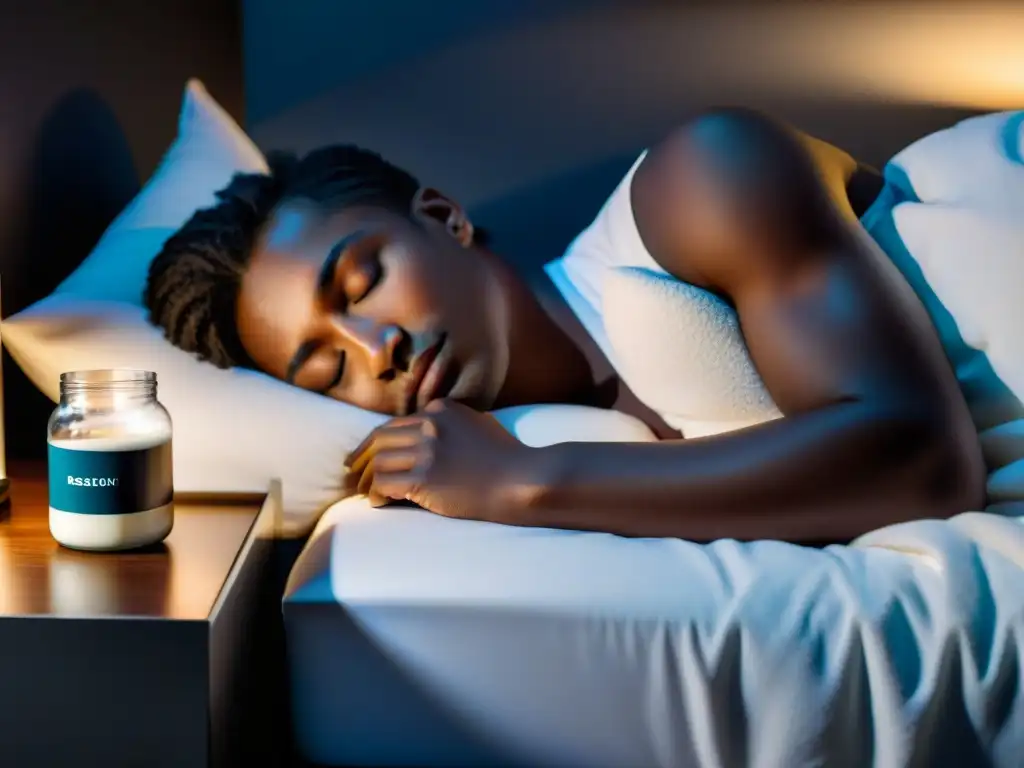 Proteína Micelar: Descanso reparador y cuidado muscular nocturno Una persona duerme plácidamente en la cama, con un batido de proteína Micellar Casein en la mesita de noche
