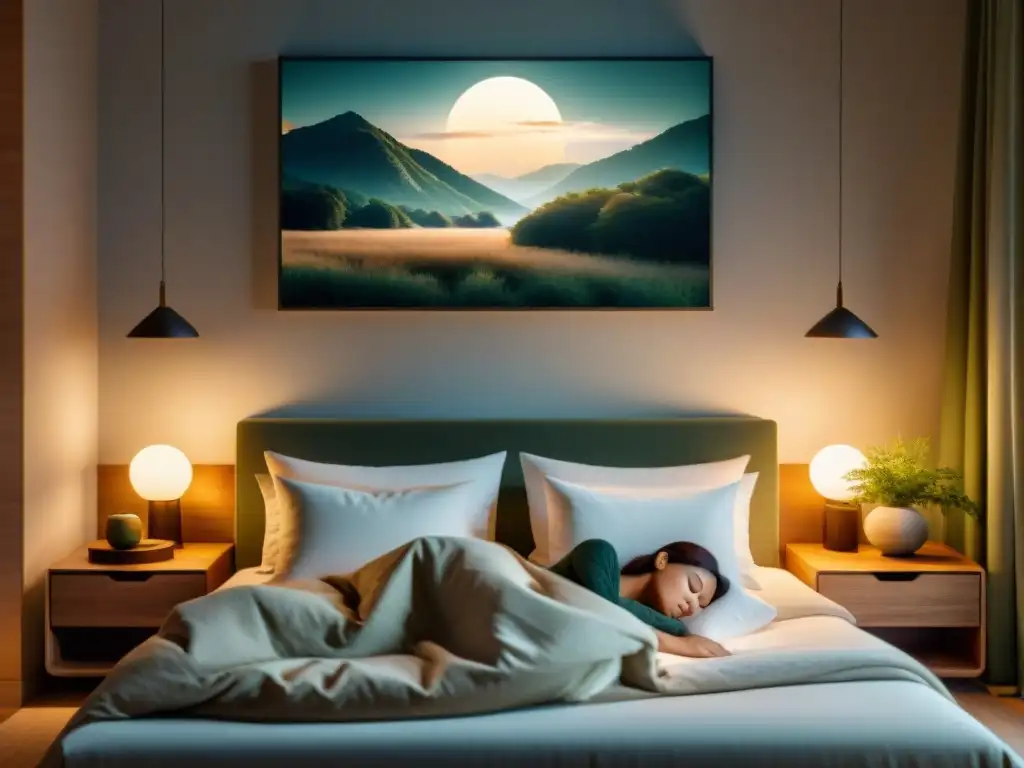 Serena y reparadora siesta en cama cómoda y acogedora Persona durmiendo pacíficamente en una cama cómoda, con iluminación suave y ambiente sereno