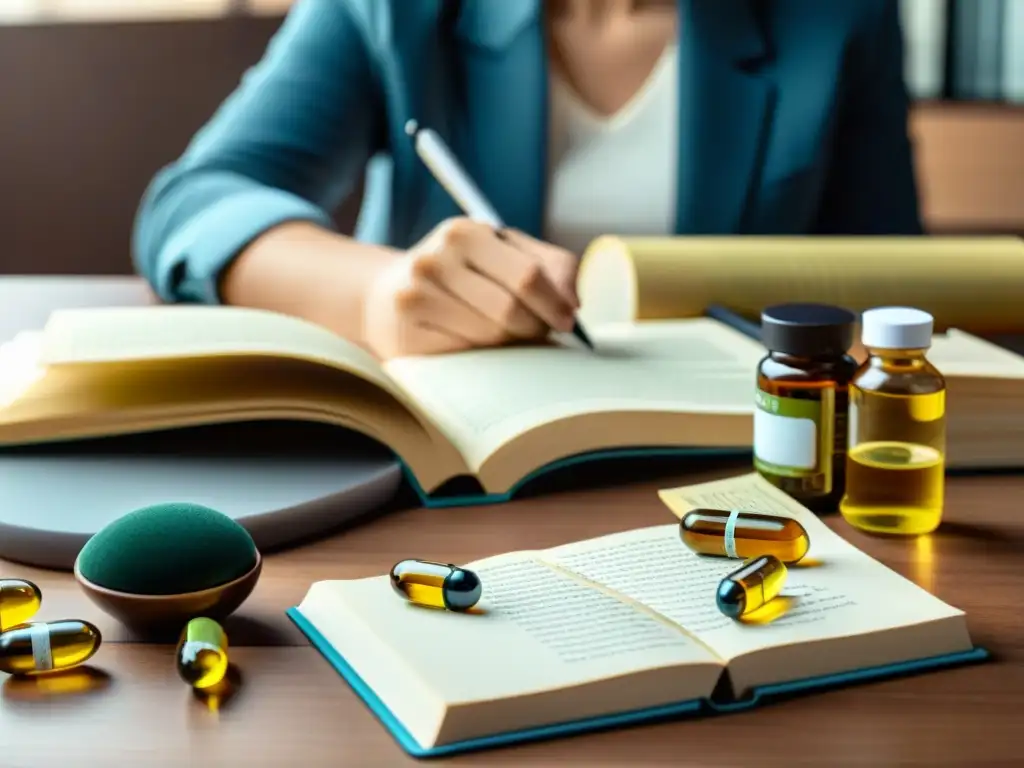 Suplementos para concentración: Productividad y Claridad Mental Persona concentrada en escritorio con suplementos cerebrales para concentración, libro y bolígrafo