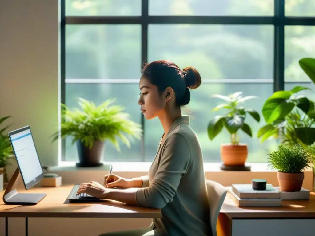 Concentración tranquila en un espacio luminoso Persona concentrada tomando suplementos para mantener concentración en un escritorio con plantas y luz natural