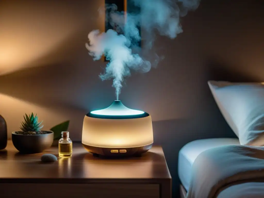 Serenidad nocturna: persona durmiendo con difusor de CBD Persona durmiendo en dormitorio acogedor con difusor de aceite de CBD, creando ambiente tranquilo