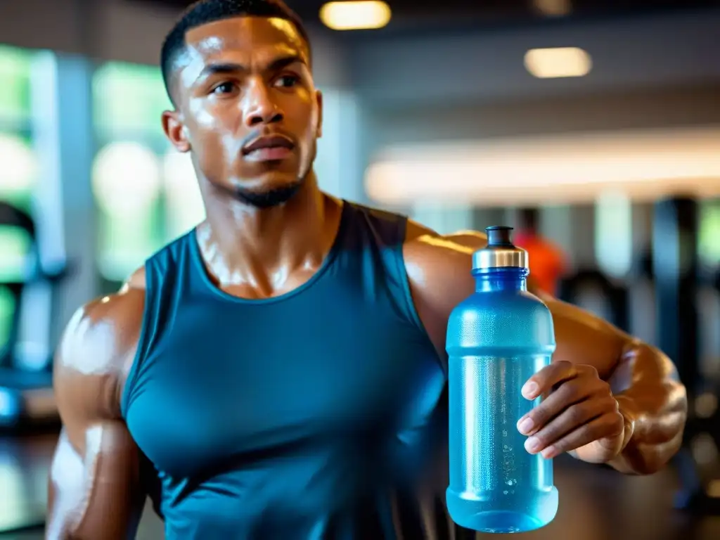 Hydration and determination at the gym Persona enfocada y determinada sosteniendo una botella de agua en un gimnasio moderno y brillantemente iluminado