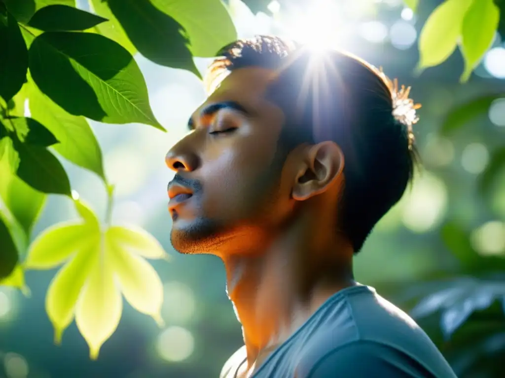 Renovación en la naturaleza: persona respirando profundamente entre árboles Una persona inspira profundamente en un entorno natural, con rayos de sol entre los árboles