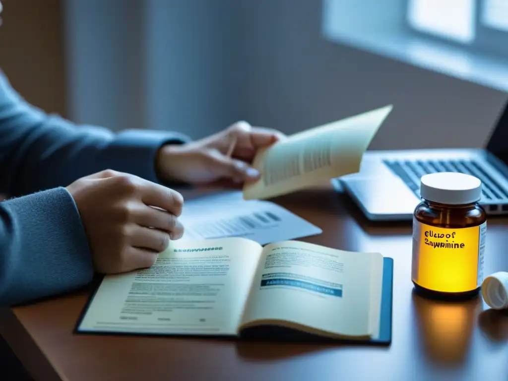Manos cuidadosas investigan interacción medicamentosa Una persona revisa detenidamente las etiquetas de suplementos de glucosamina y medicamentos anticoagulantes, mostrando preocupación