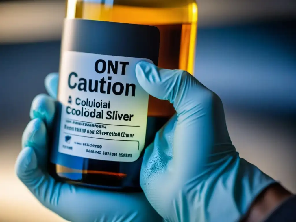 Precaución: Manipulando Coloidal de Plata Una persona con guantes y mascarilla maneja una botella de plata coloidal con advertencias de precaución en un entorno moderno y dramático