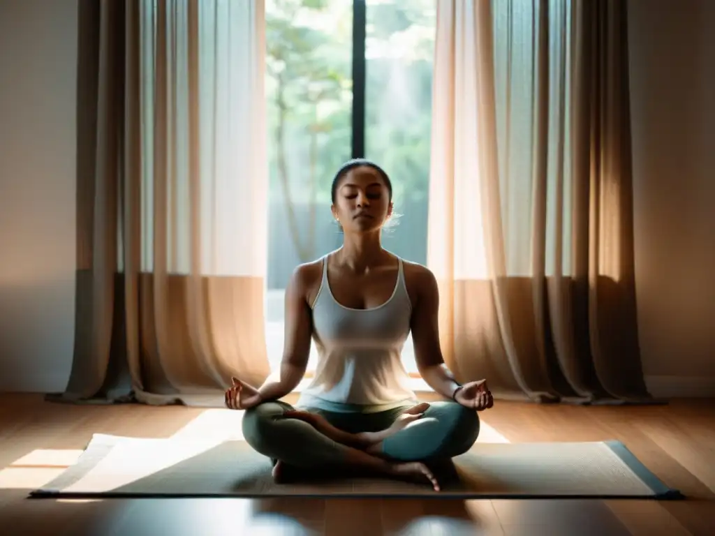 Serena meditación en un ambiente minimalista Persona meditando en una habitación serena con luz natural