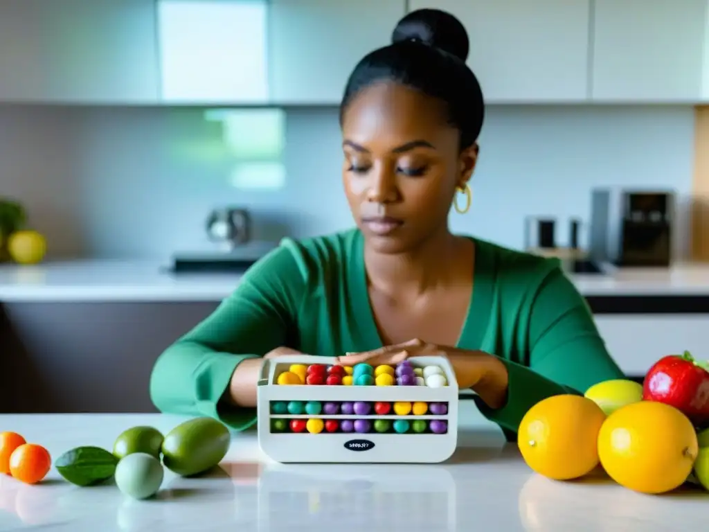 Preparación mental: organizador de pastillas con frutas y verduras frescas Persona contempla organizador de pastillas en cocina moderna, preparándose para suplementos para agilidad mental