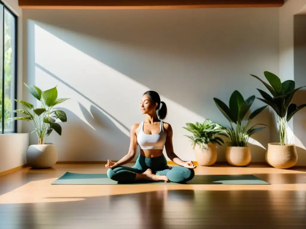 Yoga en casa: paz y bienestar con BComplex Persona en pose de yoga en habitación soleada y serena con plantas, promoviendo bienestar y prevención de depresión con suplementos BComplex