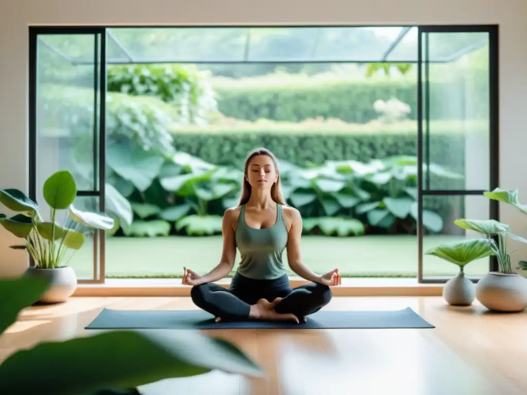 Yoga en casa: armonía y serenidad Una persona en postura de loto practica yoga en un espacio luminoso con plantas verdes, generando tranquilidad