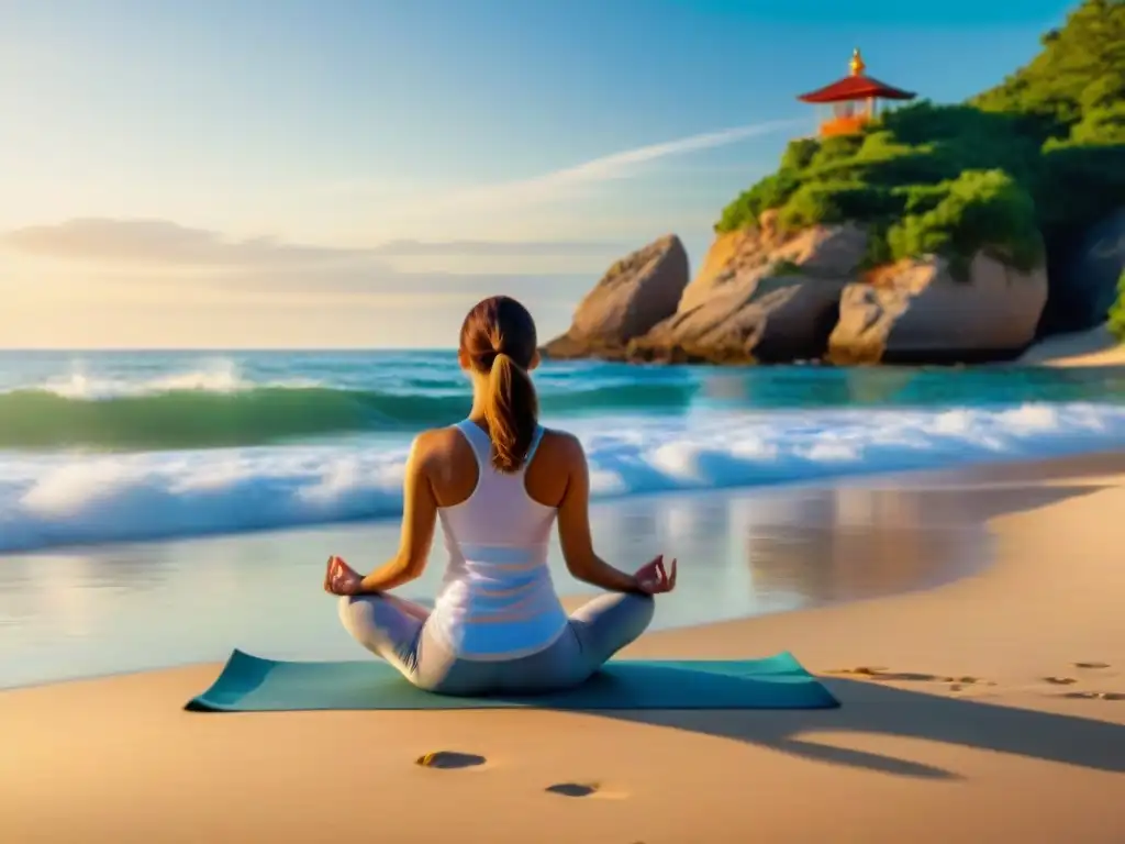 Yoga en la playa: armonía y serenidad Persona en postura de yoga meditando en la playa soleada, rodeada de naturaleza tranquila y olas suaves, transmitiendo serenidad
