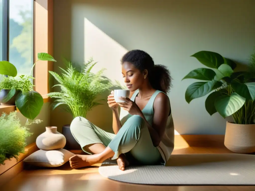 Persona relajada en ambiente sereno combate fatiga adrenal con adaptógenos Persona relajada en habitación soleada con plantas, tomando té de hierbas
