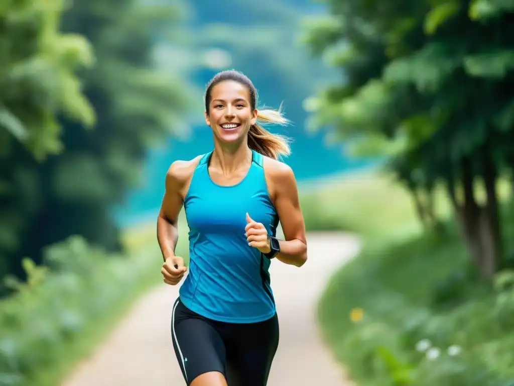 Correr entre naturaleza: vitalidad y bienestar Una persona sonriente corre en un sendero escénico con vegetación exuberante y cielo azul brillante