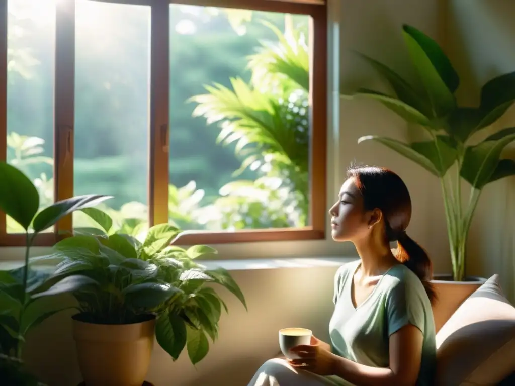 Tranquilidad y paz interior con una taza de té Una persona tranquila disfrutando una taza de té en un ambiente soleado y relajante, rodeada de plantas verdes exuberantes