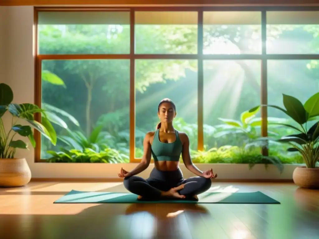 Práctica de yoga en un ambiente sereno Persona practicando yoga en un ambiente sereno y soleado, rodeada de plantas verdes