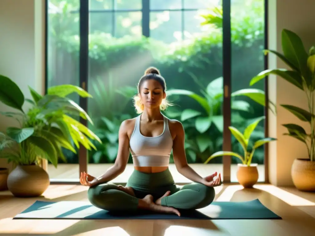 Yoga en casa: paz y serenidad entre plantas verdes Persona practicando yoga en un ambiente tranquilo y soleado rodeado de plantas verdes