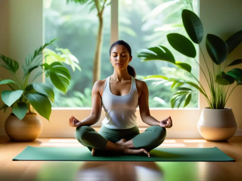 Yoga en Casa: Paz y Serenidad entre Plantas Verdes Una persona practicando yoga en un ambiente tranquilo y soleado, rodeada de plantas verdes