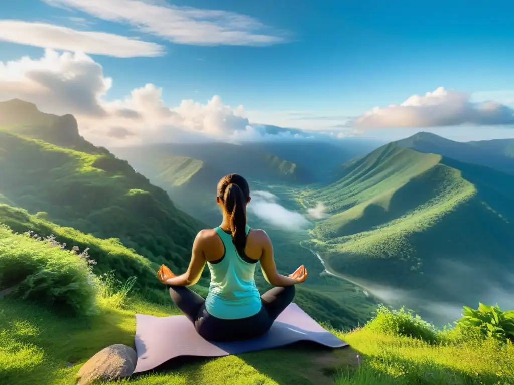 Yoga en la montaña: equilibrio y calma Persona practicando yoga en la cima de una montaña, rodeada de naturaleza exuberante y bañada por la cálida luz del sol