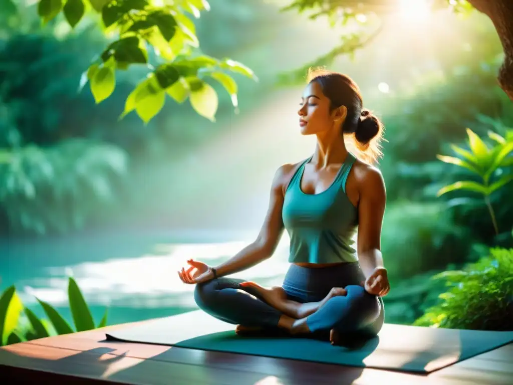Yoga en la naturaleza: Paz y serenidad en un entorno natural vibrante Persona practicando yoga en un entorno natural, rodeada de exuberante vegetación y luz cálida, transmitiendo calma y paz interior