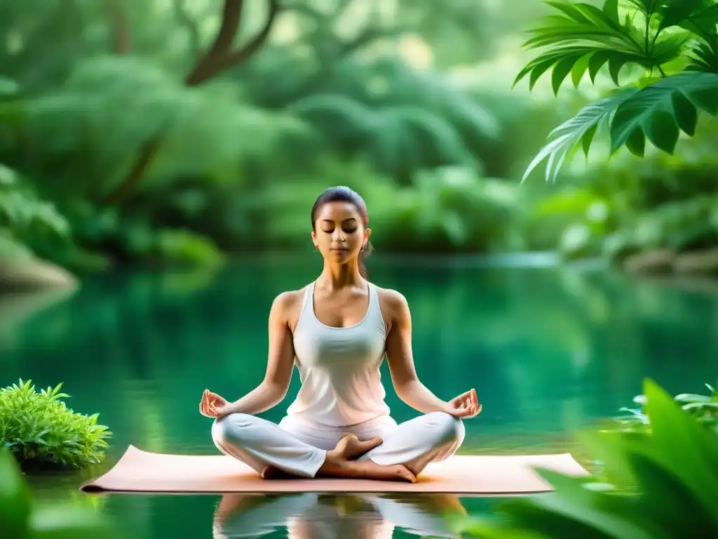 Yoga en la naturaleza: serenidad y calma Persona practicando yoga en un entorno tranquilo y natural, rodeada de vegetación exuberante y agua