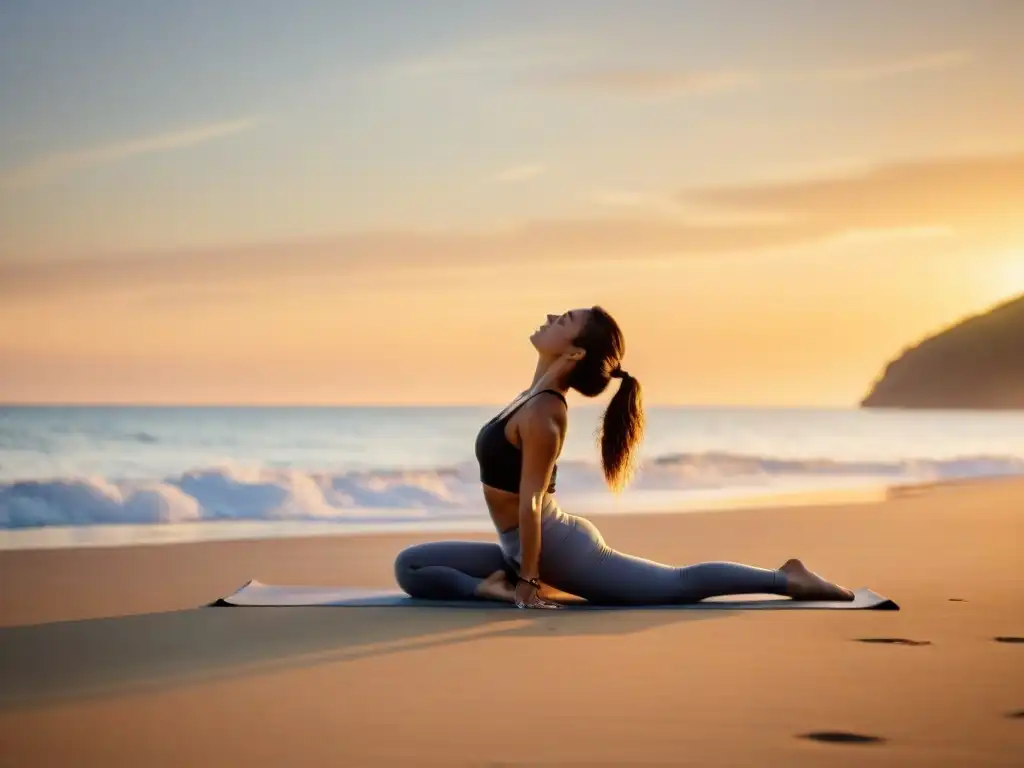 Yoga al amanecer: equilibrio y bienestar en la playa Persona practicando yoga en la playa al amanecer, transmitiendo serenidad y bienestar