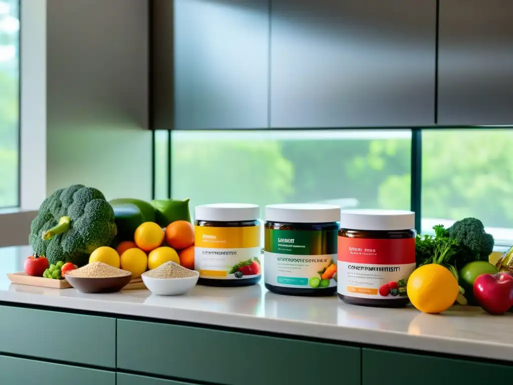 Suplementos de recuperación personalizados: nutrición y color Suplementación personalizada para recuperación: Organización impecable de suplementos y alimentos frescos en una cocina moderna y luminosa