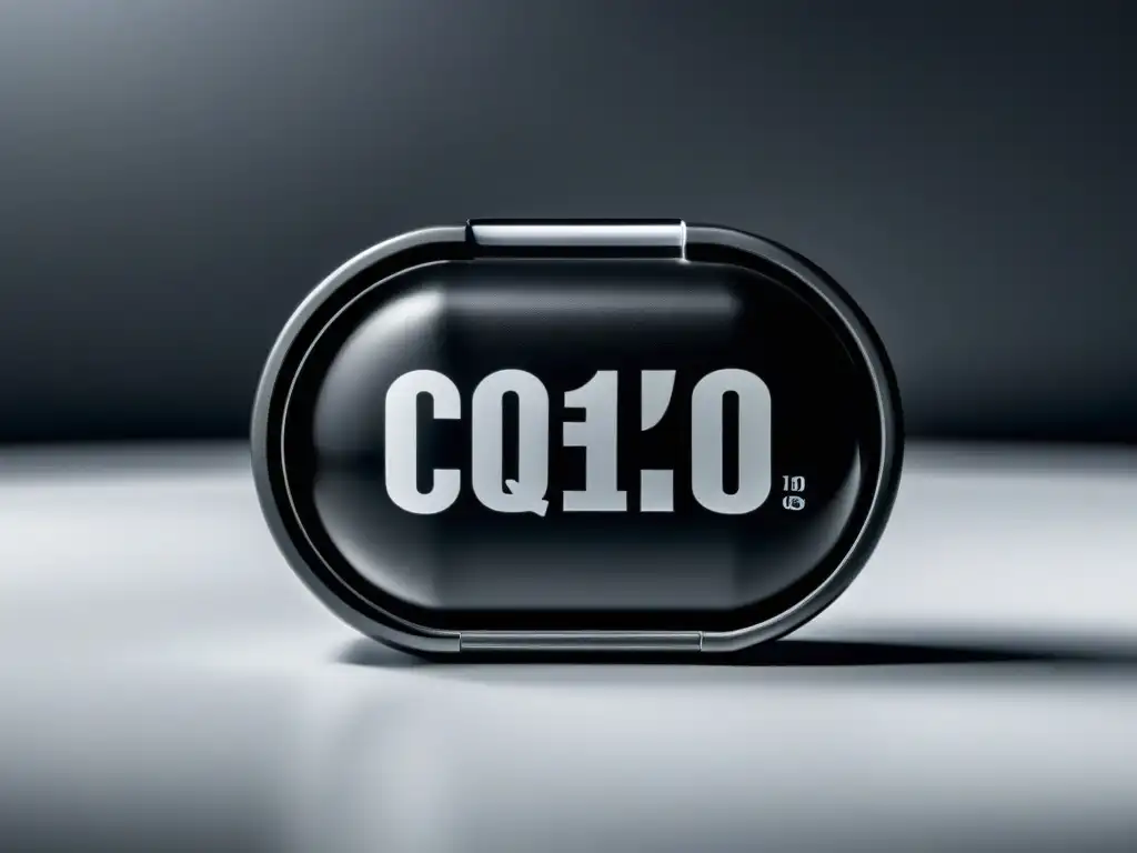 Suplemento de Coenzima Q10 de Alta Calidad en Estuche Moderno Una píldora de Coenzima Q10 de alta calidad descansa en un elegante organizador plateado y negro