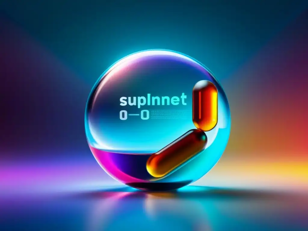 Suplemento futurista de absorción rápida en líquido de alta tecnología Una píldora futurista se disuelve en un líquido bio disponible de alta tecnología con nanotecnología visible, rodeada de datos científicos y gráficos, en un fondo de colores vibrantes que simbolizan la vitalidad y la salud, mostrando métodos de absorción de suplementos