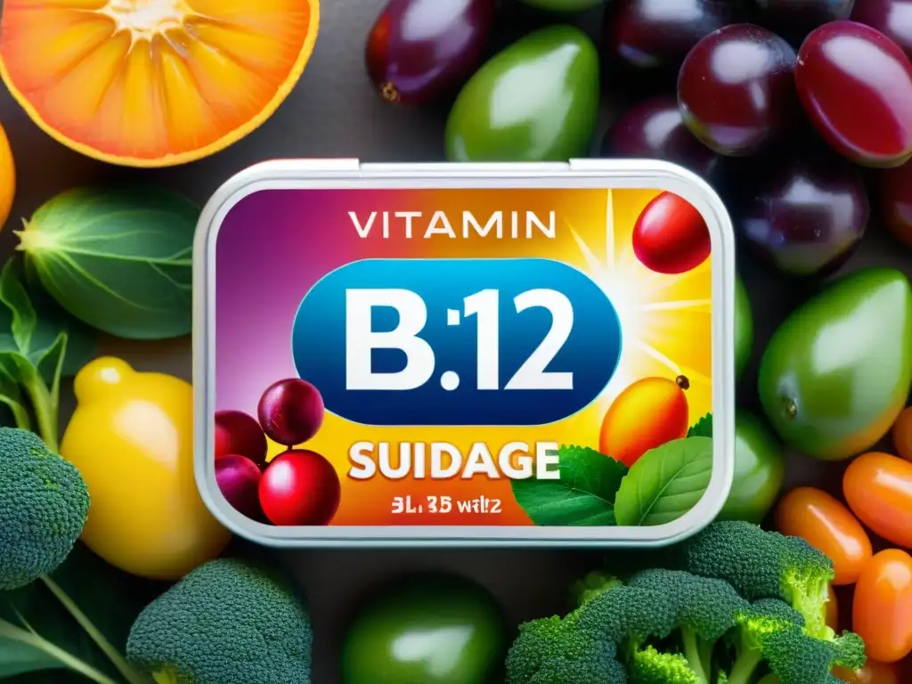 Una píldora reluciente de suplemento de vitamina B12 rodeada de frutas y verduras frescas, resaltando su importancia para combatir la homocisteína