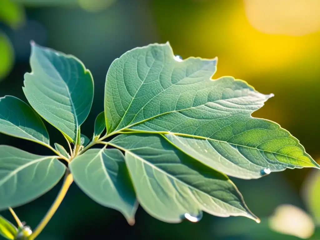 Planta adaptógena: Belleza natural en detalle Planta adaptógena verde vibrante con gotas de agua, bañada en luz dorada