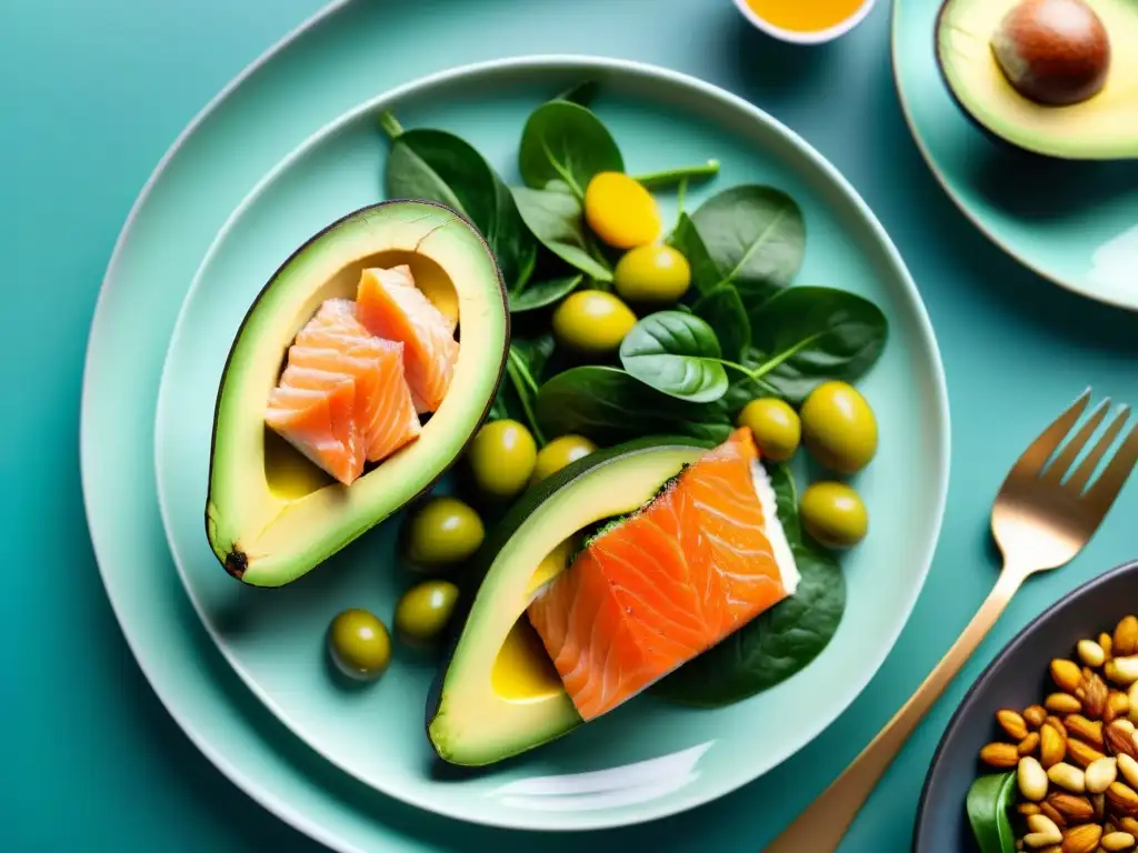 Plato Keto: Belleza en Detalle Plato de alimentos cetogénicos vibrantes y detallados, mostrando la efectividad de la dieta cetogénica