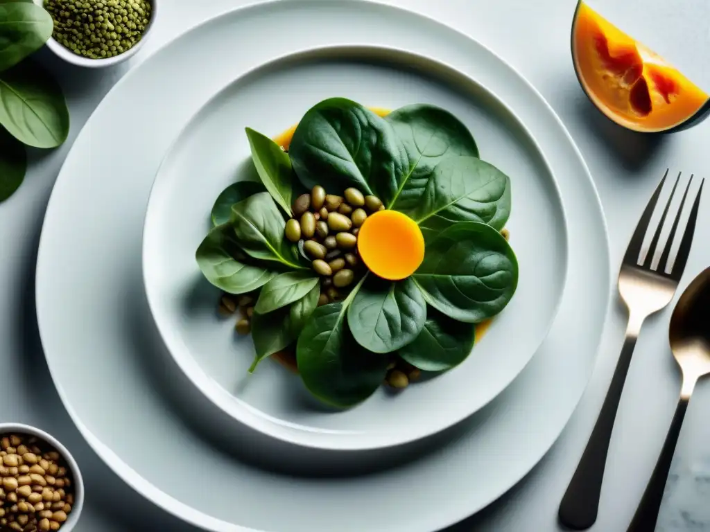 Deliciosos alimentos ricos en hierro para la dieta keto Plato blanco con alimentos ricos en hierro para dieta keto: espinacas, carne roja, lentejas y semillas de calabaza