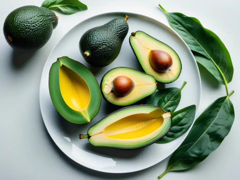 Plato blanco con frutas y verduras frescas, como aguacates, espinacas y plátanos, evocando vitalidad y beneficios de aminoácidos no esenciales