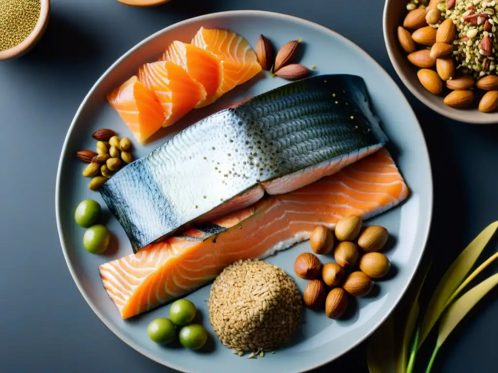 Omega-3: Delicias Nutricionales en Plano Detallado Plato moderno con variados alimentos ricos en omega 3, destacando sus beneficios para la inflamación autoinmune