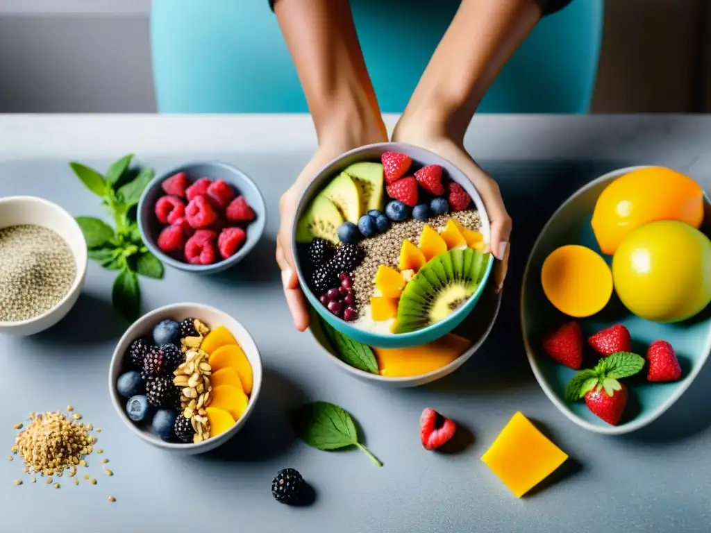 Preparación elegante de smoothie bowl saludable Preparación de un bowl de smoothie cardiosaludable con suplementos antiedad