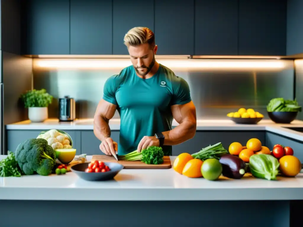 Preparación de Comida Proteica en Cocina Moderna Preparación de una comida nutritiva y rica en proteínas en una cocina moderna y luminosa, resaltando la importancia de la nutrición en la recuperación muscular con Proteína Micellar Casein catabolismo nocturno