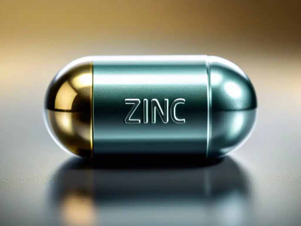 Suplemento de Zinc y Calcio: Detalles Brillantes Un primer plano detallado de una cápsula brillante de suplemento de zinc, rodeada de pequeños suplementos de calcio con forma de hueso