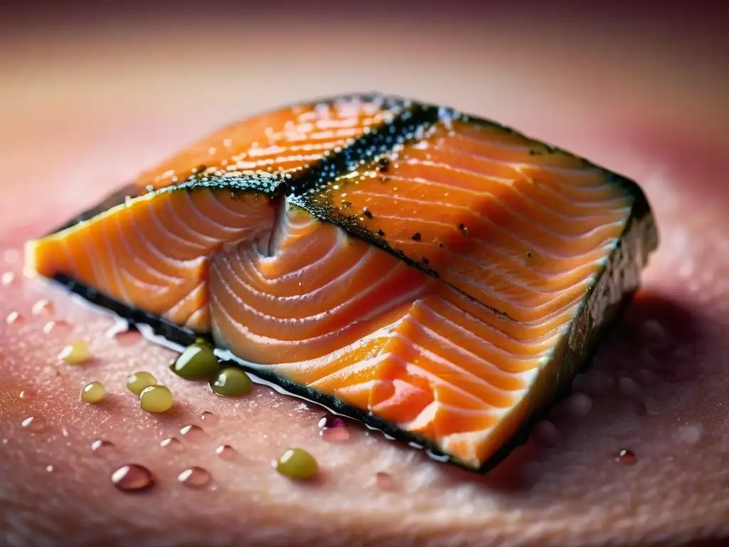 Delicioso salmón fresco captado en detalle Un primer plano detallado de un filete de salmón fresco y vibrante, resaltando sus ricos tonos rosados y anaranjados, y su textura intrincada