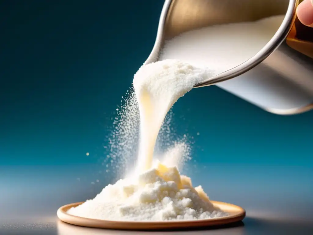Un primer plano de polvo de dextrosa vertiéndose en una botella con agua, resaltando su textura y brillo