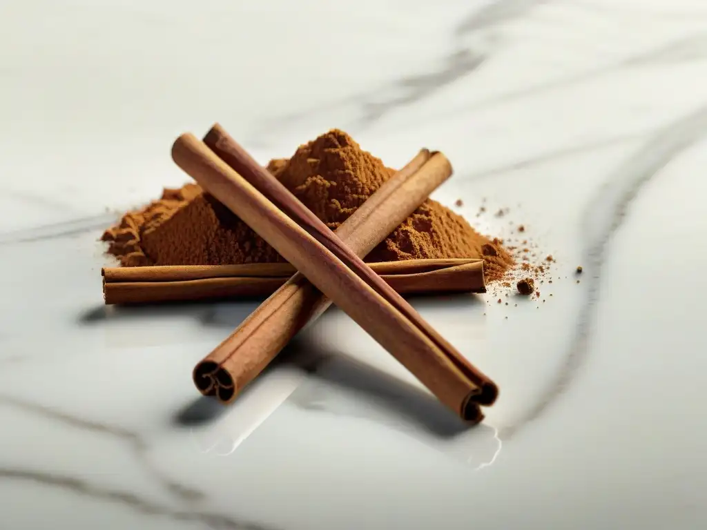 Canela en rama y molido sobre mármol Un primer plano de una ramita de canela rodeada de canela molida en un elegante mostrador de mármol