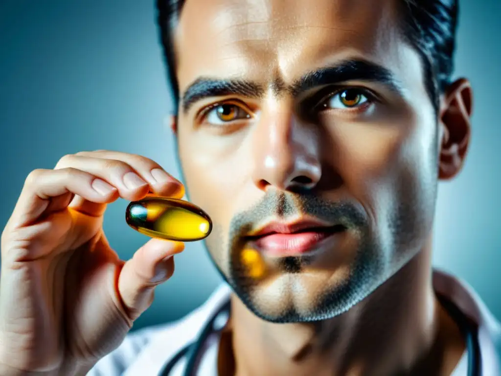 Profesional con cápsula de omega-3 y corazón sano Un profesional de la salud sostiene una cápsula de aceite de pescado y un corazón sano, destacando los beneficios omega 3 para la salud cardiovascular