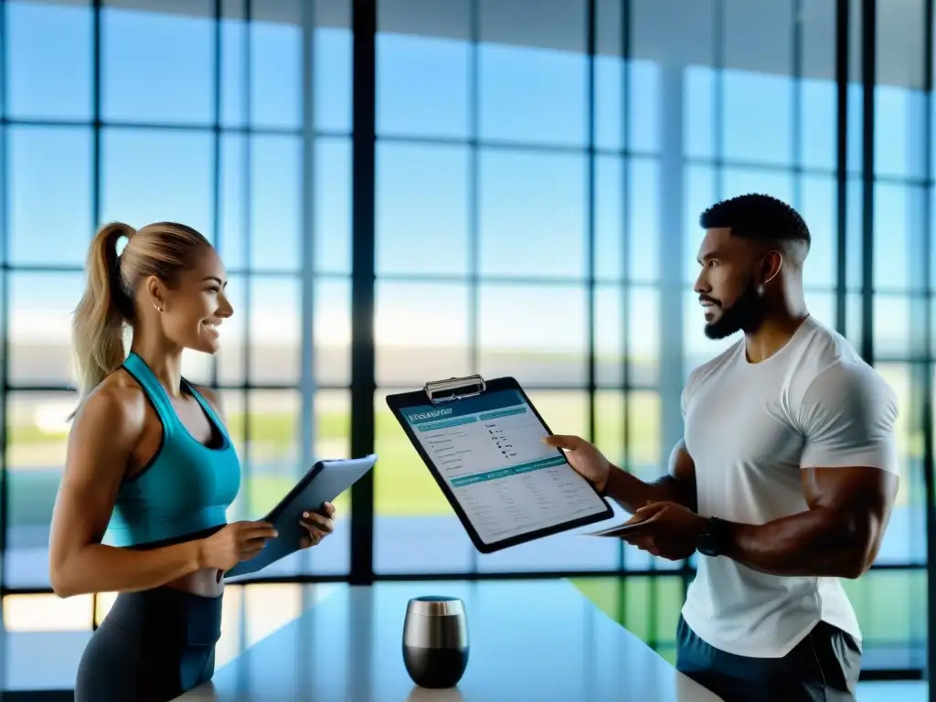 Expertos en nutrición y fitness crean un plan personalizado Profesionales de la nutrición y el fitness fusionan dieta y suplementos en historias de éxito en una moderna oficina iluminada por luz natural