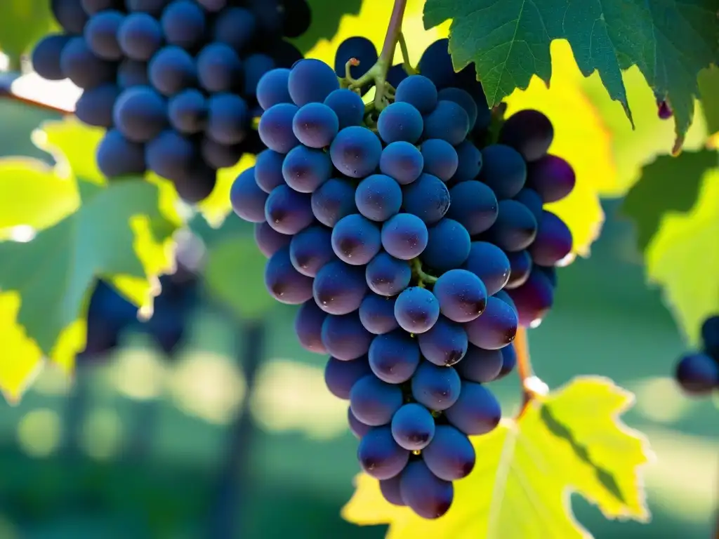Uvas moradas relucientes con rocío: Detalles ultrarrealistas Un racimo de uvas moradas brillantes con gotas de rocío bajo la suave luz matutina