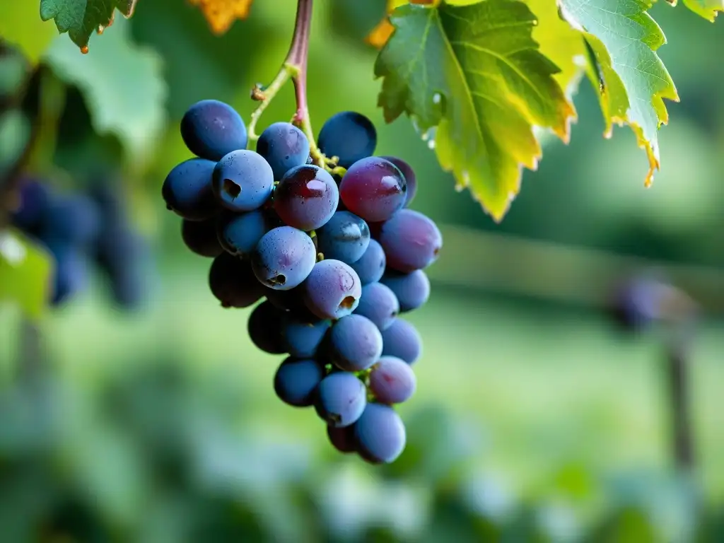 Uvas moradas relucientes en la vid al amanecer Un racimo de uvas moradas resplandecientes en la luz de la mañana, repletas de beneficios resveratrol para corazón